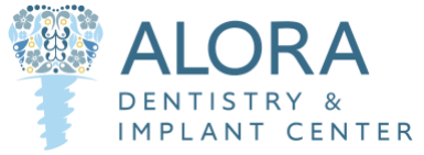 Logo for Alora Dentistry & Implant Center featuring a dental implant graphic and abstract design elements.