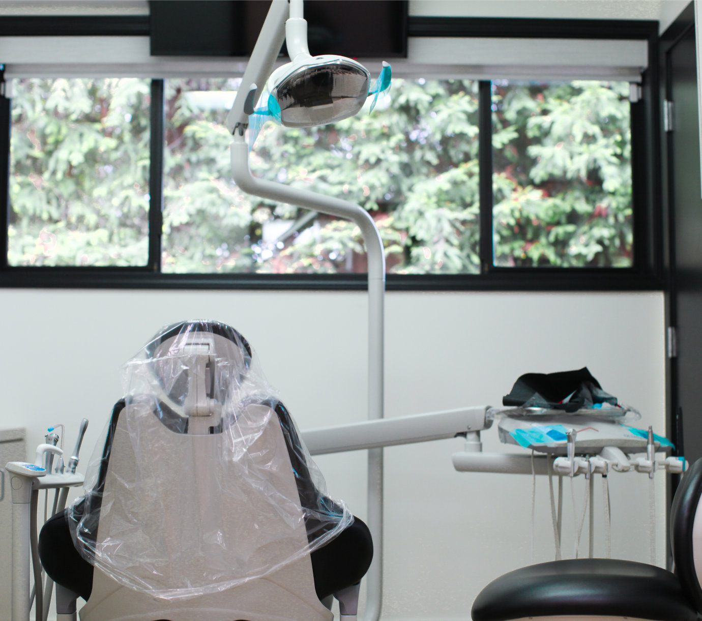 Dentist's chair with protective cover in a dental office, flanked by equipment and tools, set against a backdrop of large windows showing trees outside.