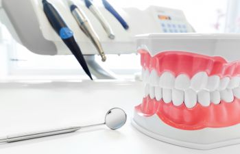 A dental model showing teeth and gums sits on a table next to a dental mirror, with dental tools visible in the background.