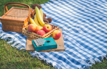 A picnic setup on a checkered blanket with a basket, apples, bananas, a small instrument, and a cutting board on grass.